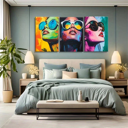 3pcs Confident Female Figures Glasses Modern Metal Print Ready to Hang Art