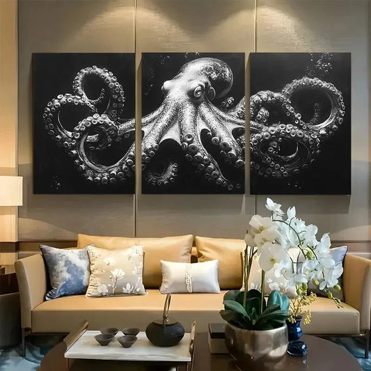 3pcs Octopus Monochrome Charcoal Design Metal Print Ready to Hang Art