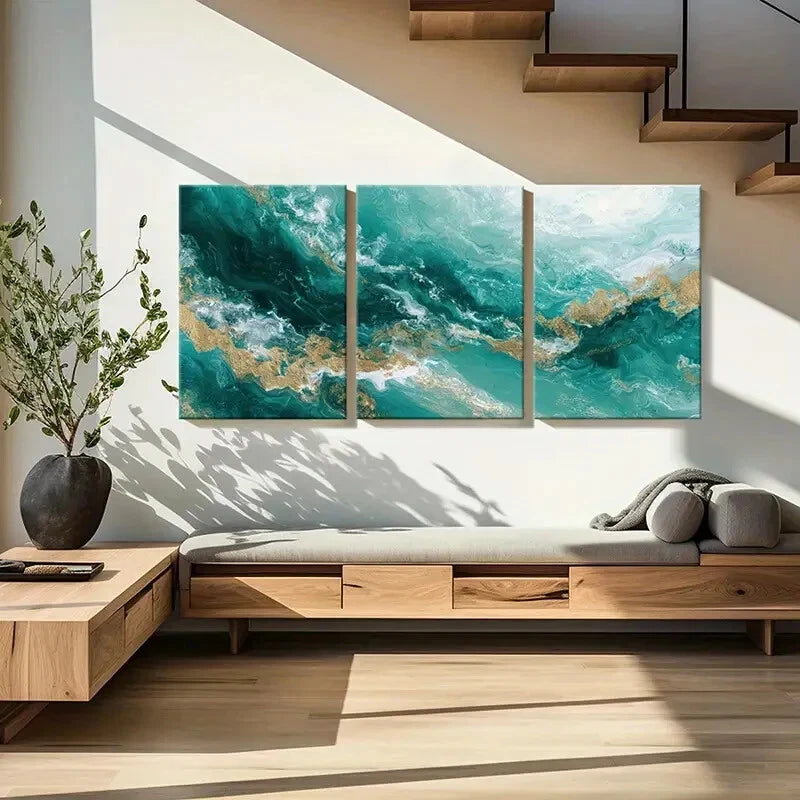 3pcs Abstract Ocean Waves Art Teal Golden Metal Print Ready to Hang Art