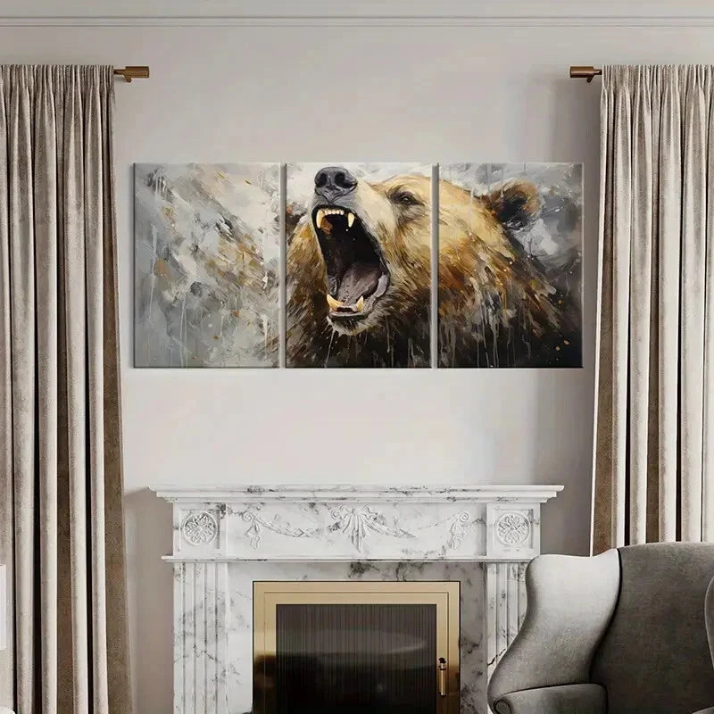 3pcs Artistic Bear Roar Abstract Wildlife Metal Print Ready to Hang Art