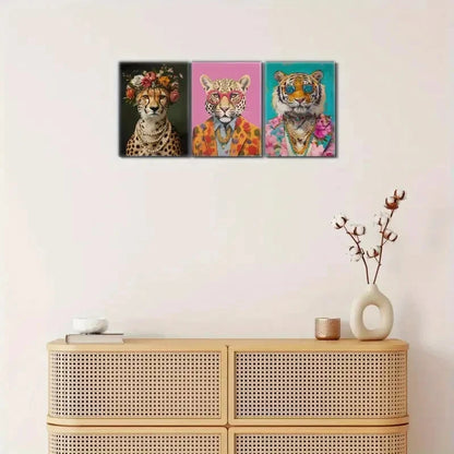 3pcs Cheetah Portrait Print Eclectic Cheetah Metal Print Ready to Hang Art