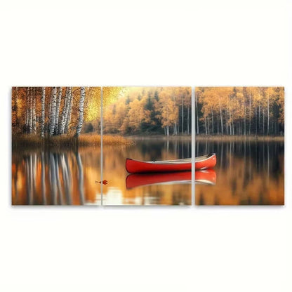3pcs Golden Birch Leaves, Isolated Red Canoe Wall Art Set Canvas Framed 50x70cm - High Quality Print 100% Australian Made Wall Canvas Ready to Hang