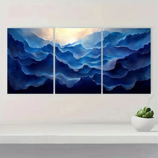 3pcs Wave Design in Indigo & Honeycomb Tones Metal Print Ready to Hang Art