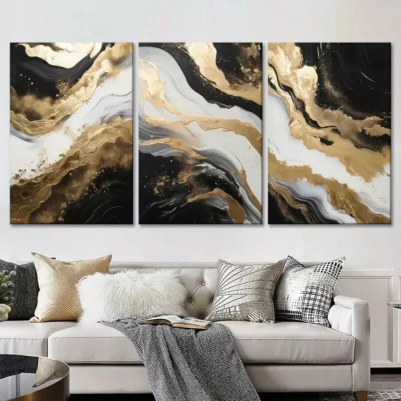 3pcs Abstract Wall Art Black and Gold Canvas Framed 40x60cm - High Quality Print 100% Australian Made Wall Canvas Ready to Hang