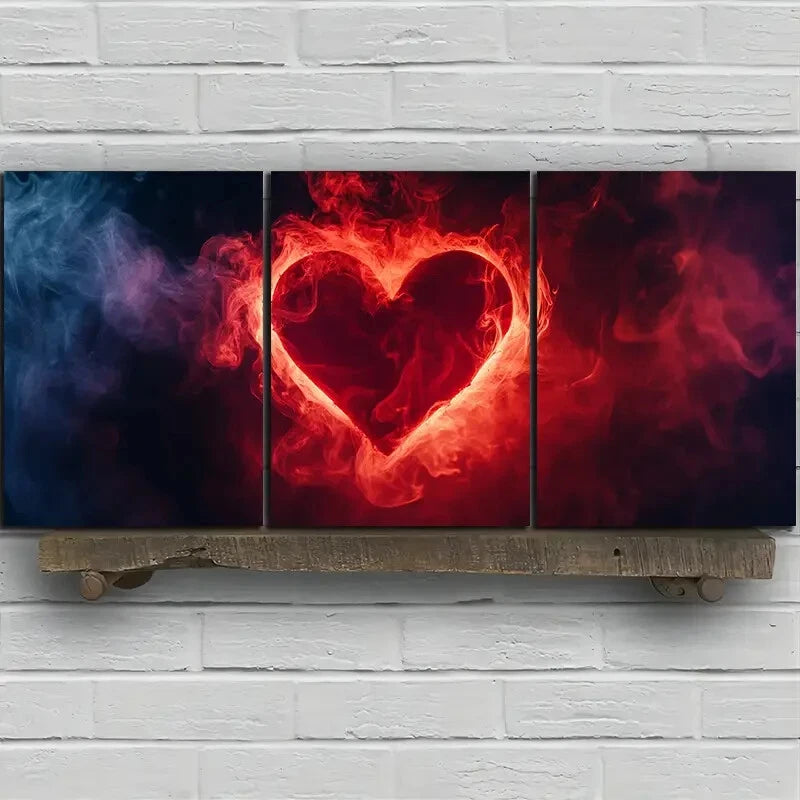 3pcs Heart in The Mist Stunning Red Metal Print Ready to Hang Art