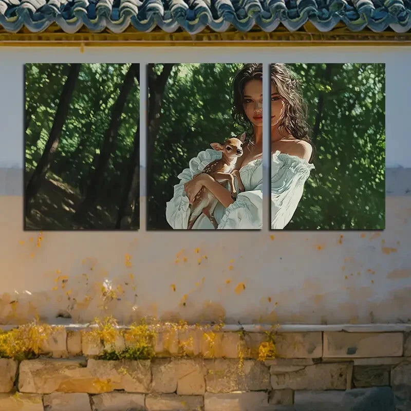 3pcs Charming Girl with Deer In Forest Metal Print Ready to Hang Art