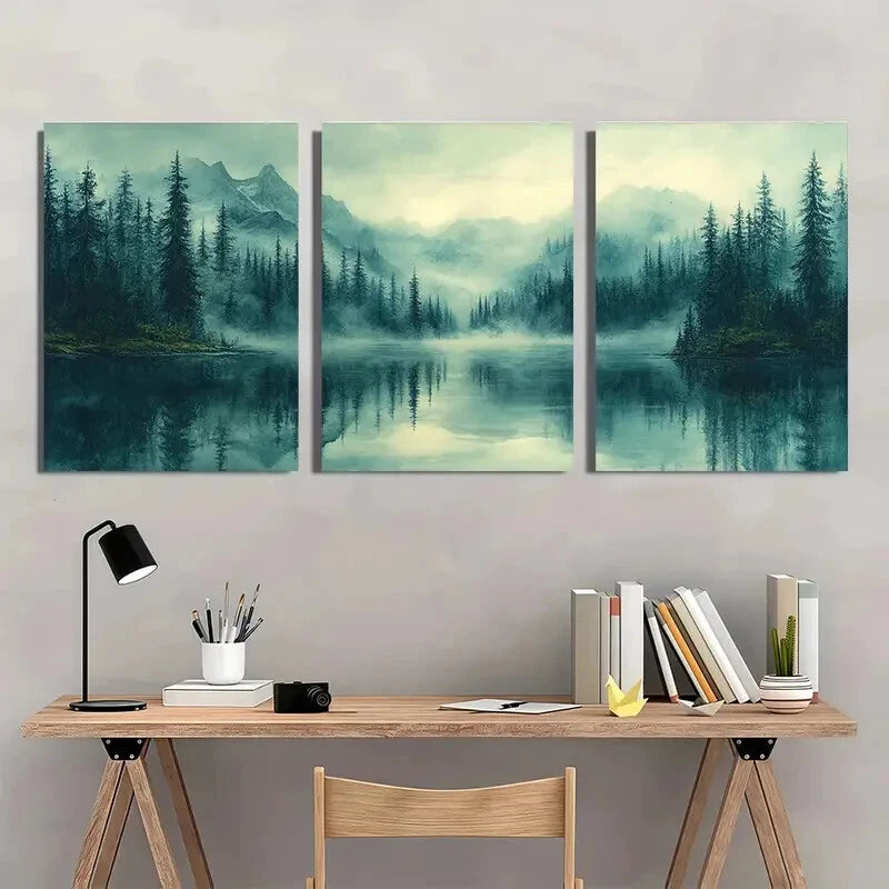 3pcs Misty Forest Reflection Landscape Metal Print Ready to Hang Art