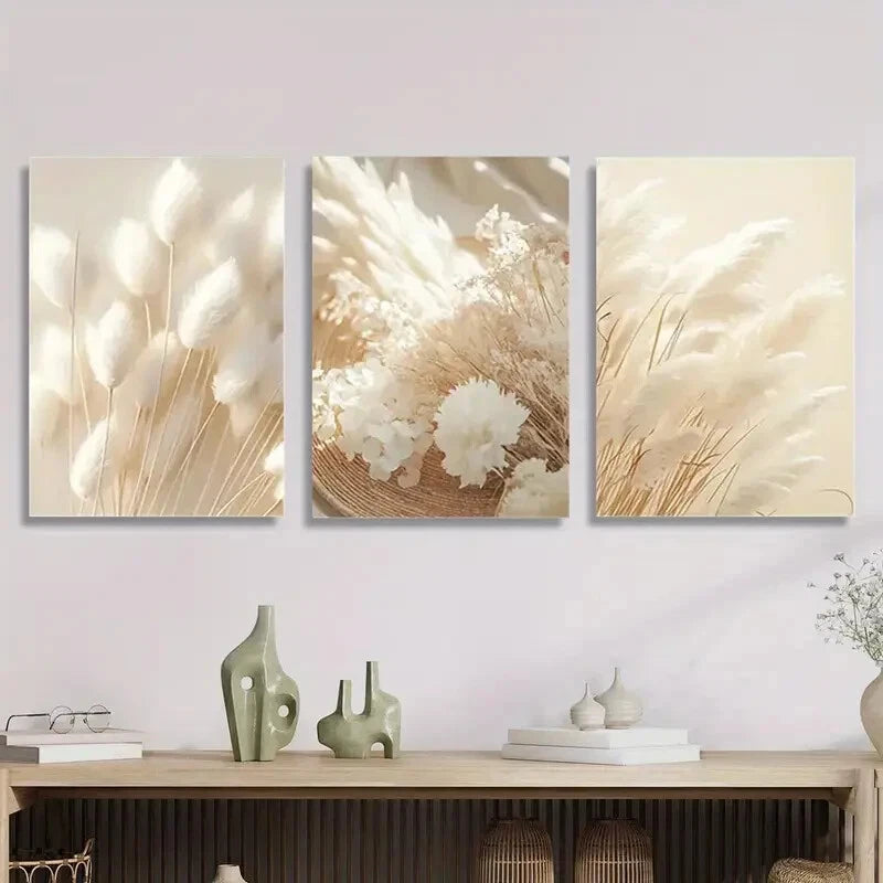 3pcs Grass & White Dried Flower Wall Decor Metal Print Ready to Hang Art