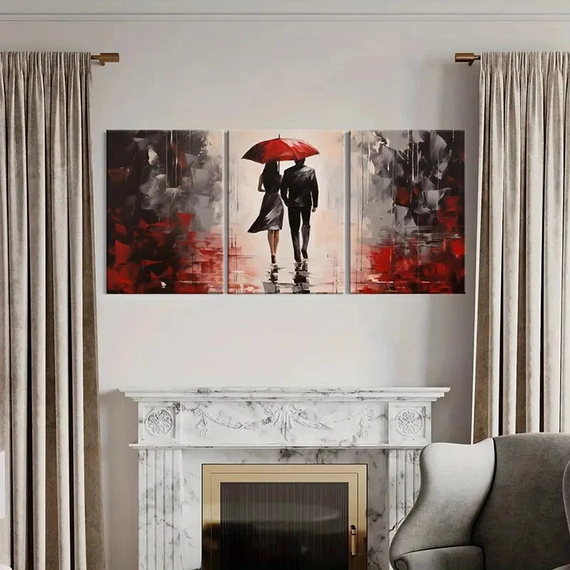 3pcs Red Umbrella Rainy Scene Romantic Couple Metal Print Ready to Hang Art