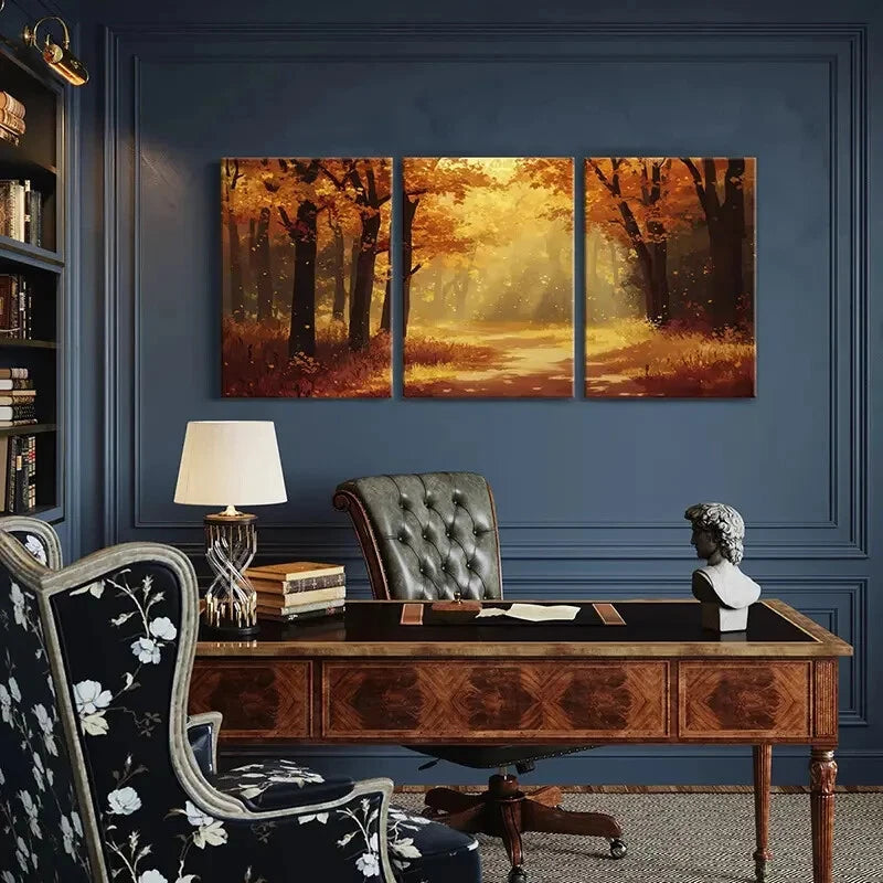 3pcs Autumn Forest Pathway Warm Sunlight Metal Print Ready to Hang Art