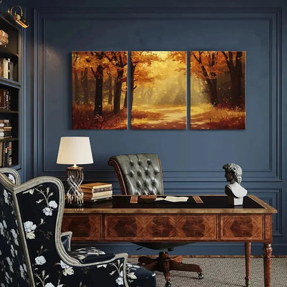 3pcs Autumn Forest Pathway Warm Sunlight Metal Print Ready to Hang Art