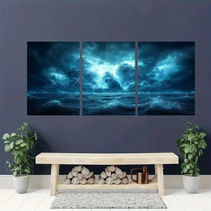 3pcs Dark Indigo & Stormy Gray Sky Ocean Waves Metal Print Ready to Hang Art
