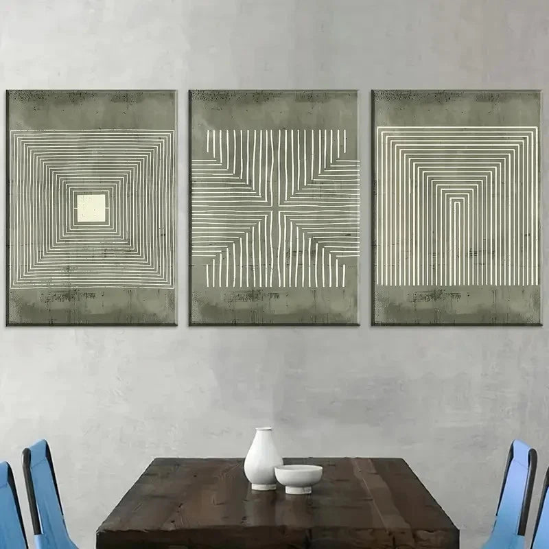 3pcs Green Abstract Geometric Line Art Metal Print Ready to Hang Art