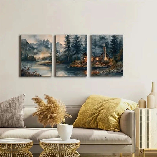 3pcs Misty Mountain Pine Forest Metal Print Ready to Hang Art