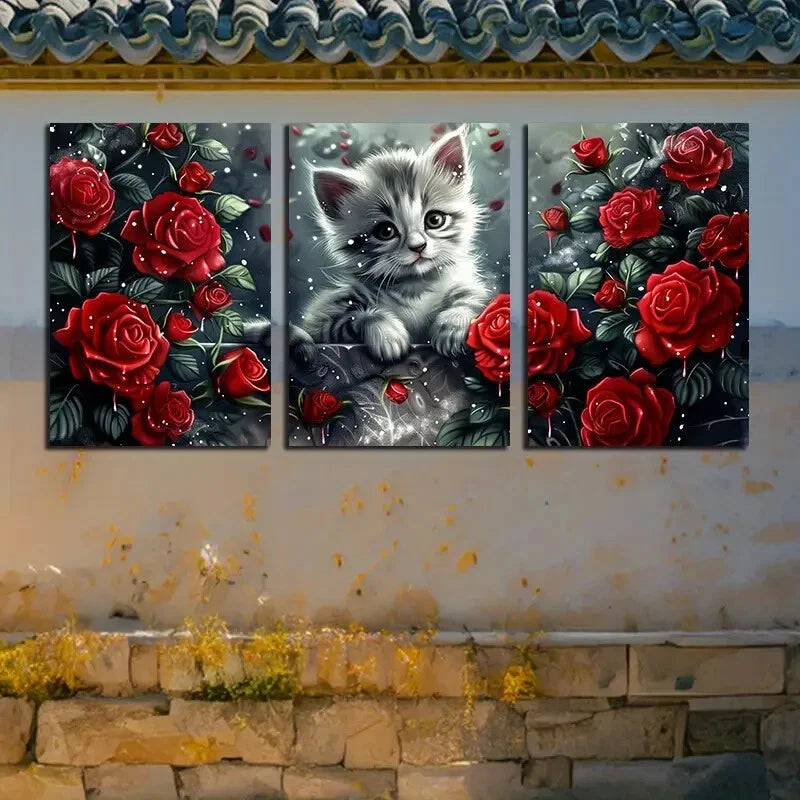 3pcs Charming Cat in Rose Garden Metal Print Ready to Hang Art