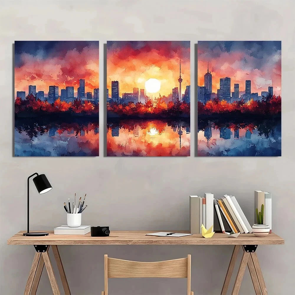 3pcs Tokyo Skyline Inspired Oil Painting Metal Print Ready to Hang Art