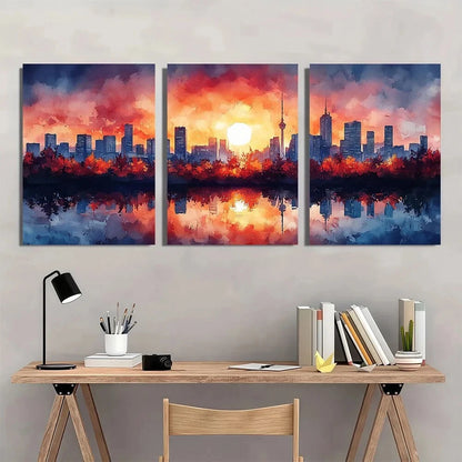 3pcs Tokyo Skyline Inspired Oil Painting Metal Print Ready to Hang Art