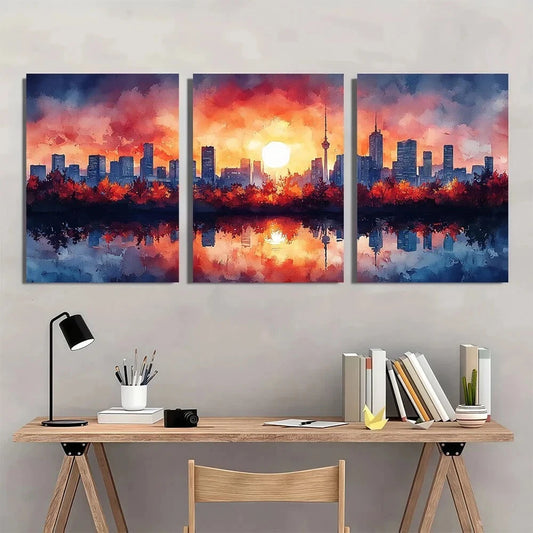 3pcs Tokyo Skyline Inspired Oil Painting Metal Print Ready to Hang Art