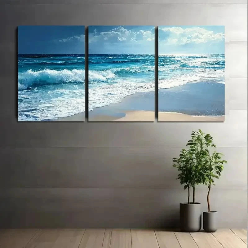 3pcs Ocean View with Blue Waves Crashing Metal Print Ready to Hang Art