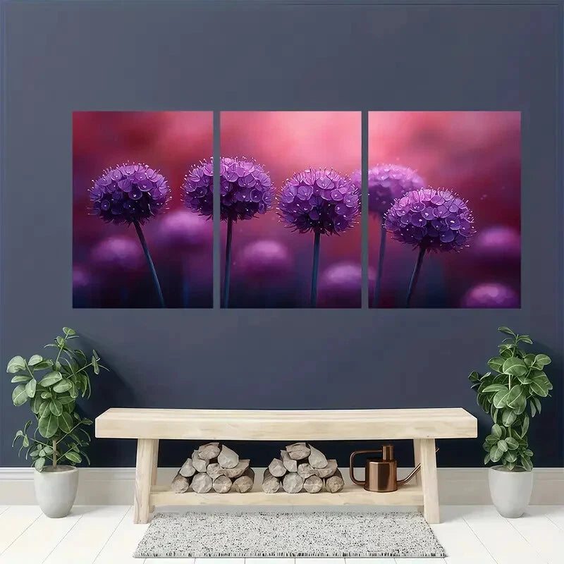 3pcs Vibrant Purple Allium Flower Decor Metal Print Ready to Hang Art