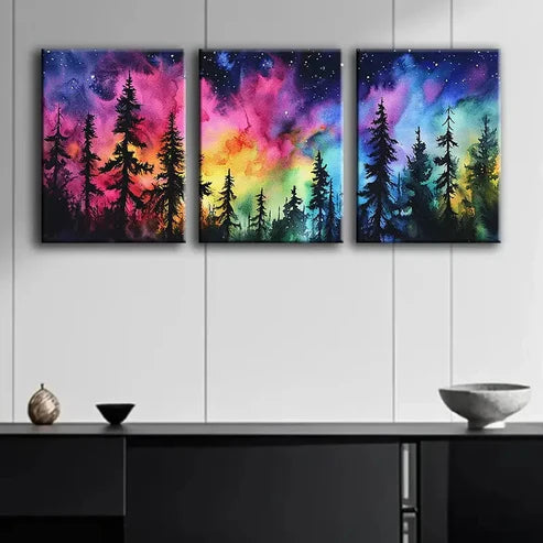 3pcs Colorful Night Sky Forest Painting Perfect Wall Art Set Canvas Unframed - High Quality Print 100% Australian Made Wall Canvas