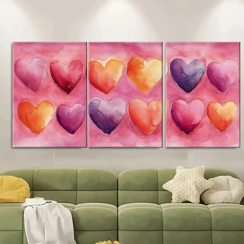3pcs Whimsical Pink Watercolor Rainbow Hearts Metal Print Ready to Hang Art