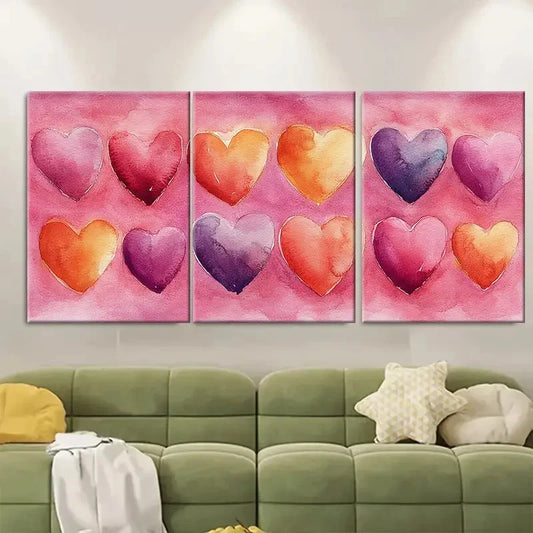 3pcs Whimsical Pink Watercolor Rainbow Hearts Metal Print Ready to Hang Art