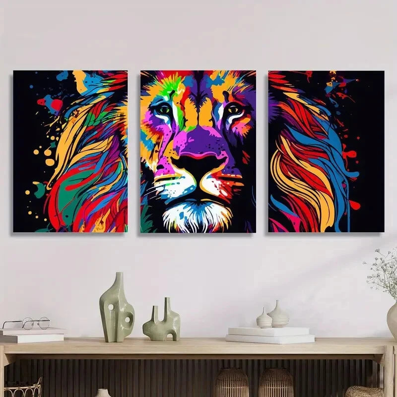 3pcs colored lion face, colored mane Metal Print Ready to Hang Art
