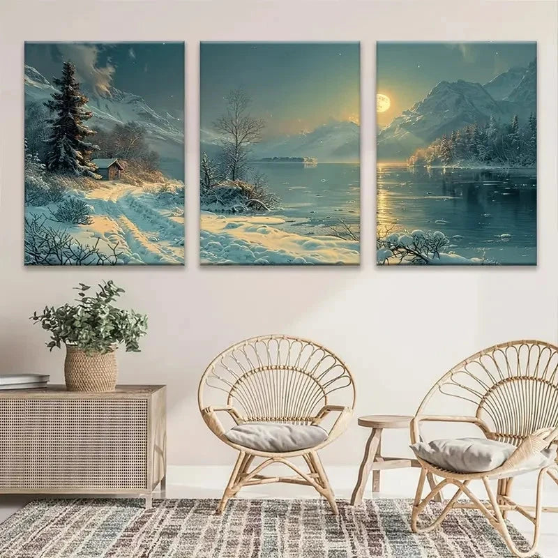 3pcs Winter Moonlit Night Landscape River Scene Metal Print Ready to Hang Art