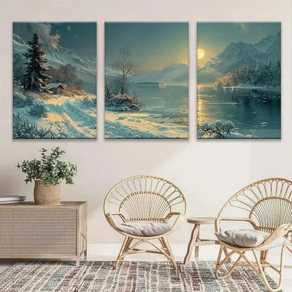3pcs Winter Moonlit Night Landscape River Scene Metal Print Ready to Hang Art