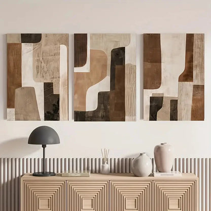 3pcs Abstract Brown and Beige Neutral Paintings Metal Print Ready to Hang Art