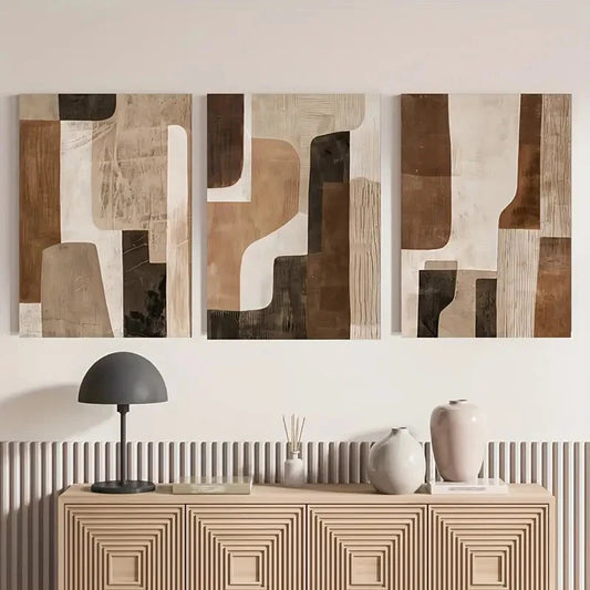 3pcs Abstract Brown and Beige Neutral Paintings Metal Print Ready to Hang Art