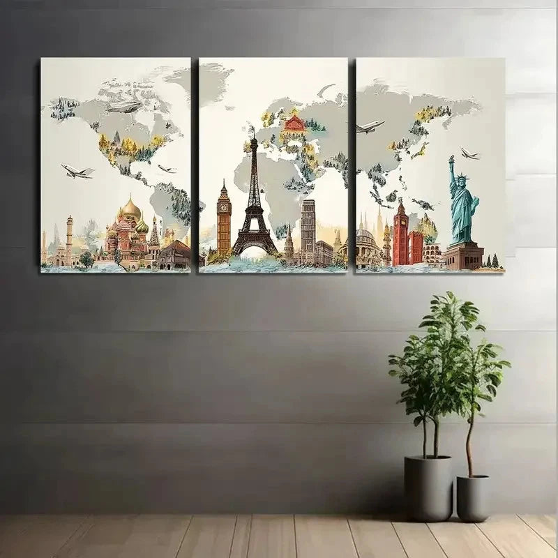 3pcs World Map with Famous Landmarks Painting Metal Print Ready to Hang Art