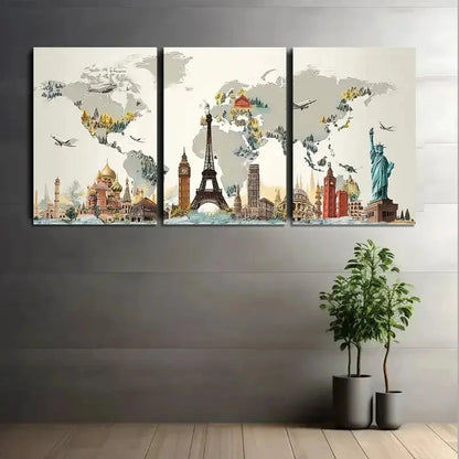3pcs World Map with Famous Landmarks Painting Metal Print Ready to Hang Art