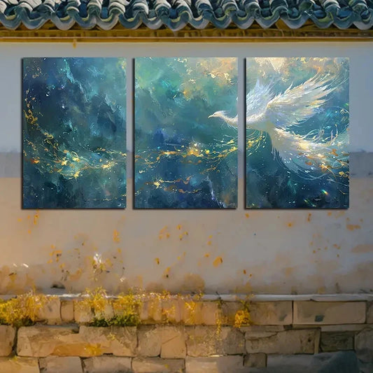 3pcs Phoenix with Golden Accent Design Metal Print Ready to Hang Art