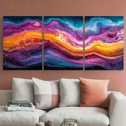 3pcs Vibrant Fluid Acrylic Pour Modern Design Metal Print Ready to Hang Art
