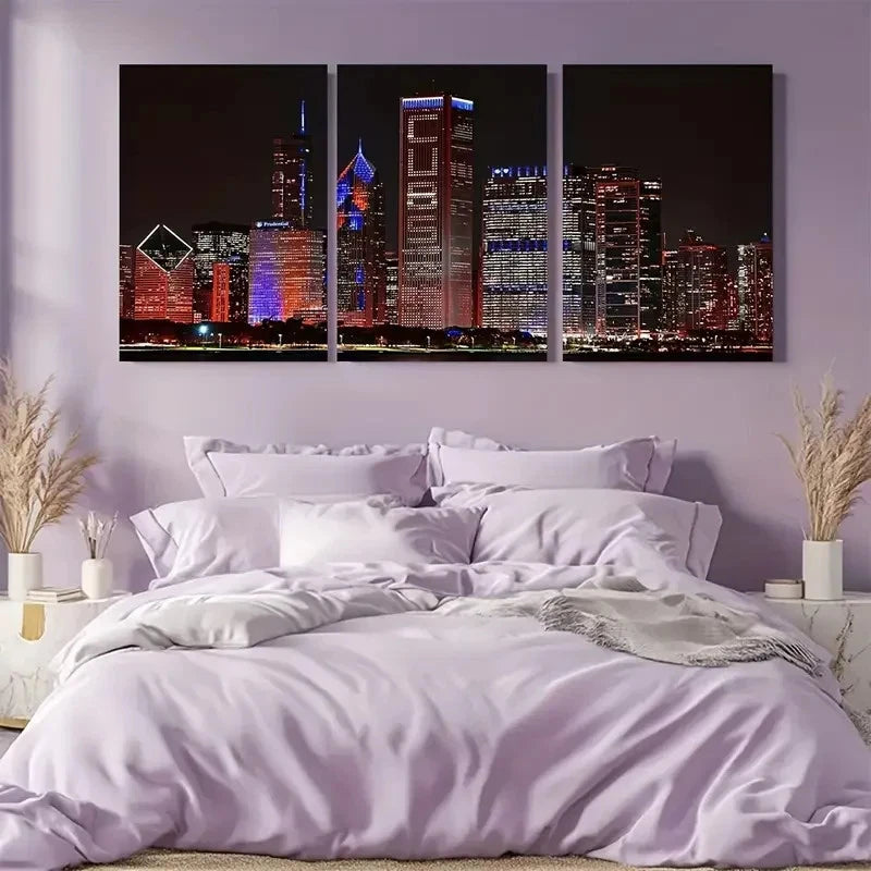3pcs Chicago Skyline Nighttime Metal Print Ready to Hang Art