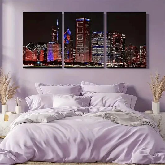 3pcs Chicago Skyline Nighttime Metal Print Ready to Hang Art