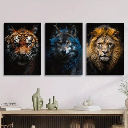 3pcs Animal portraits, tiger, lion and wolf, Metal Print Ready to Hang Art