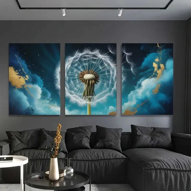 3pcs Dandelion Blue Abstract Decorations Painting Metal Print Ready to Hang Art