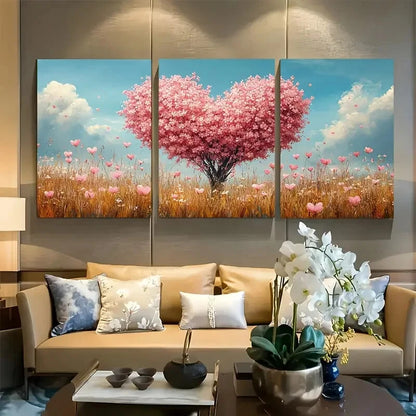 3pcs Heart Shaped Tree Romantic Floral Meadow Metal Print Ready to Hang Art