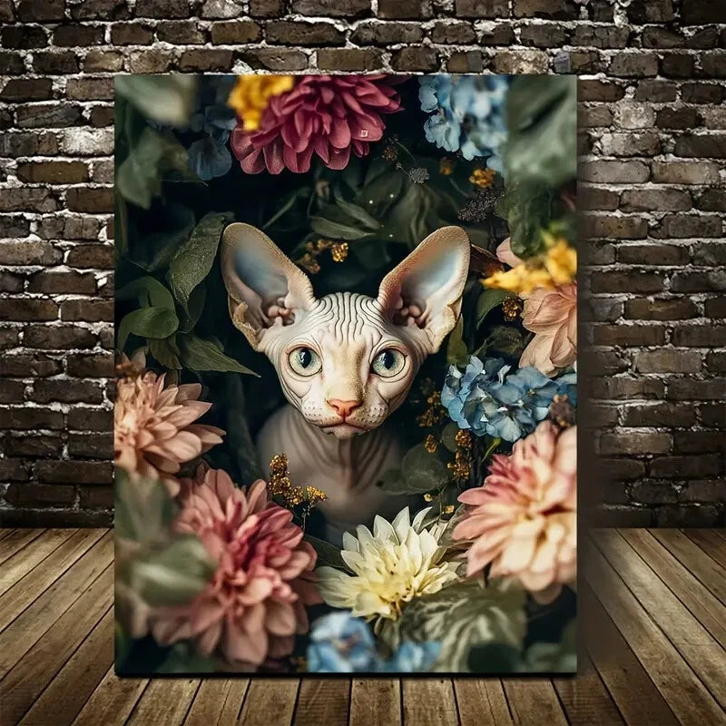 Charming Sphynx Kitten with Vibrant Flowers Painting 40x60cm Metal Print Ready to Hang