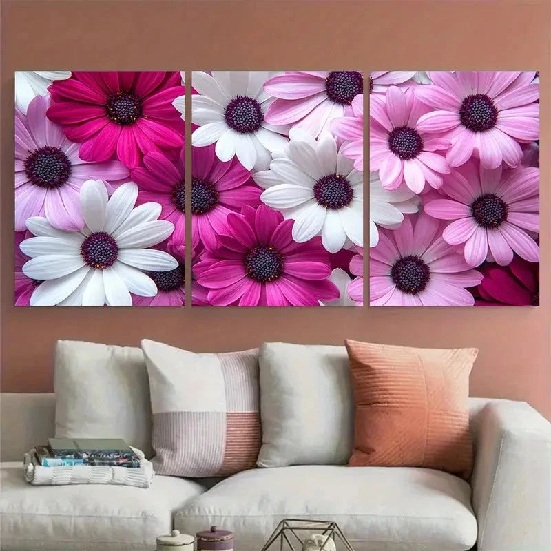 3pcs Magenta Pink White Garden Flowers Metal Print Ready to Hang Art