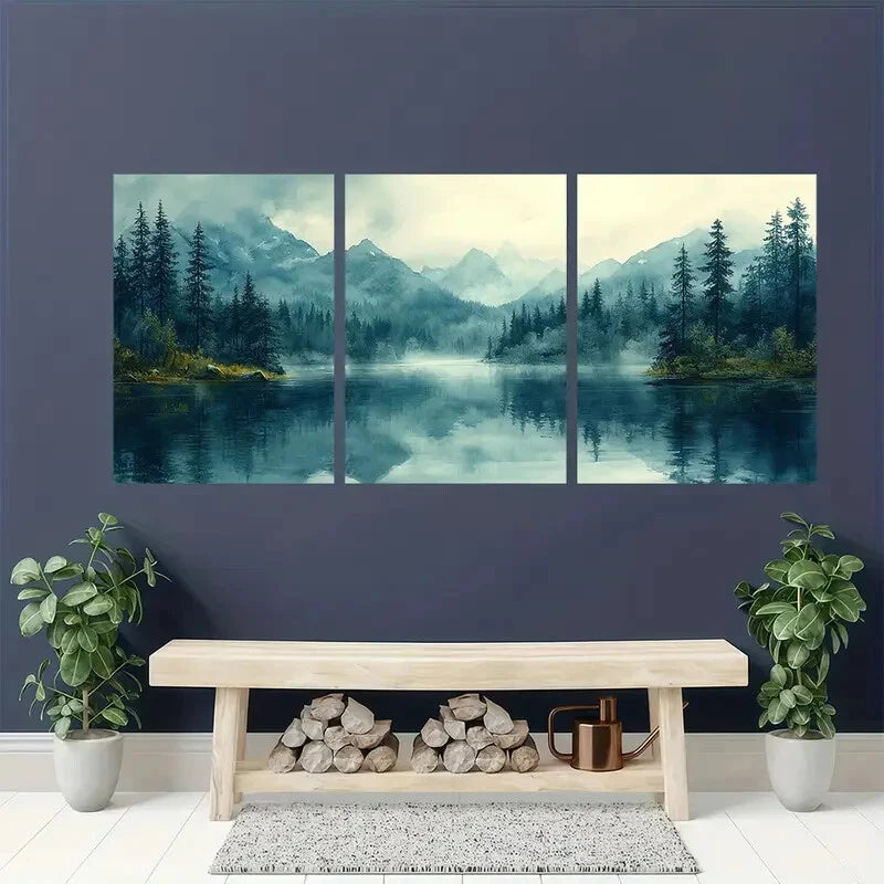 3pcs Mountain Lake Landscape Watercolor Painting Metal Print Ready to Hang Art