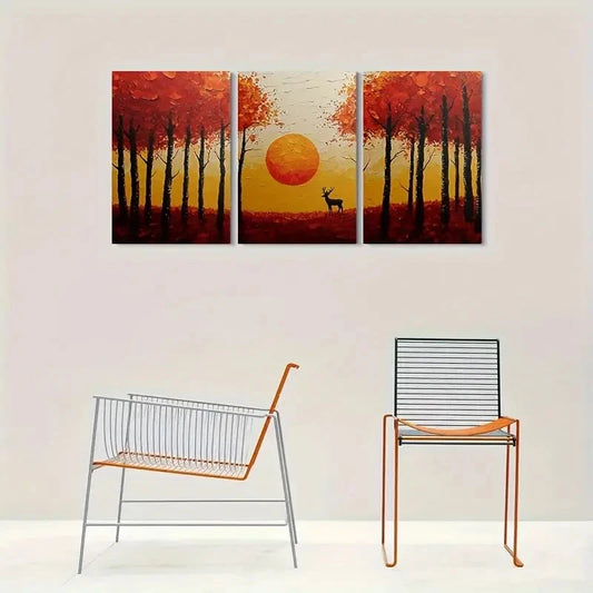 3pcs Autumn Forest Sunset Deer Pattern Metal Print Ready to Hang Art