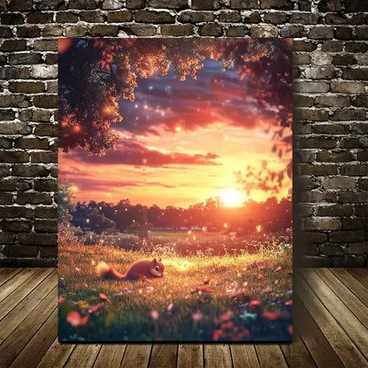 Soft Moonlight & Glowing Sky Squirrel Sunset Painting 40x60cm Metal Print Ready to Hang