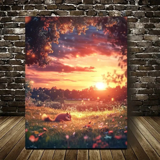 Soft Moonlight & Glowing Sky Squirrel Sunset Painting 40x60cm Metal Print Ready to Hang