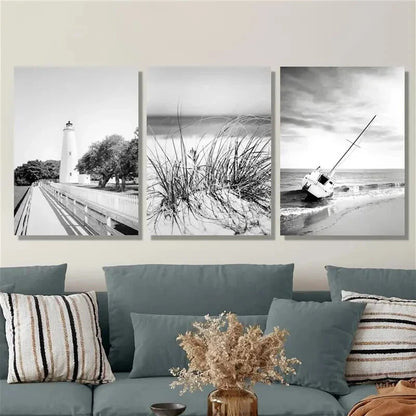 3pcs Nautical Art Black and White Coastal Metal Print Ready to Hang Art