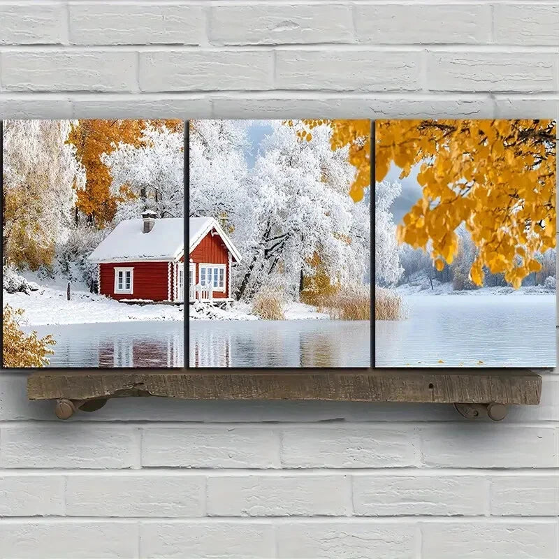 3pcs A House in The Snow Yellow Leaves Metal Print Ready to Hang Art