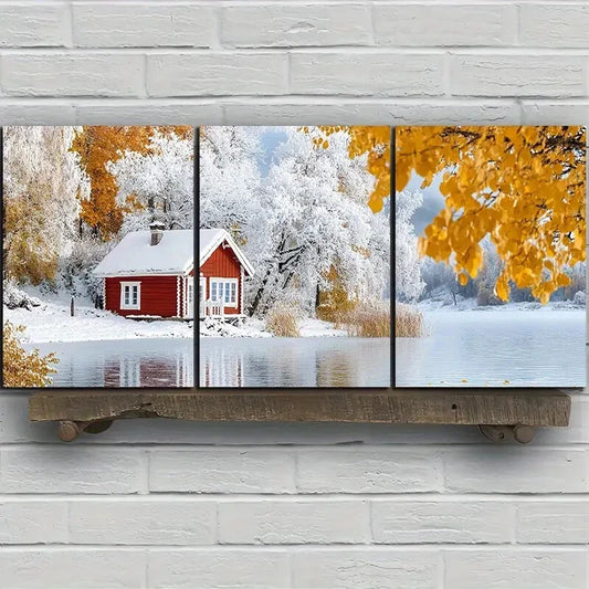 3pcs A House in The Snow Yellow Leaves Metal Print Ready to Hang Art